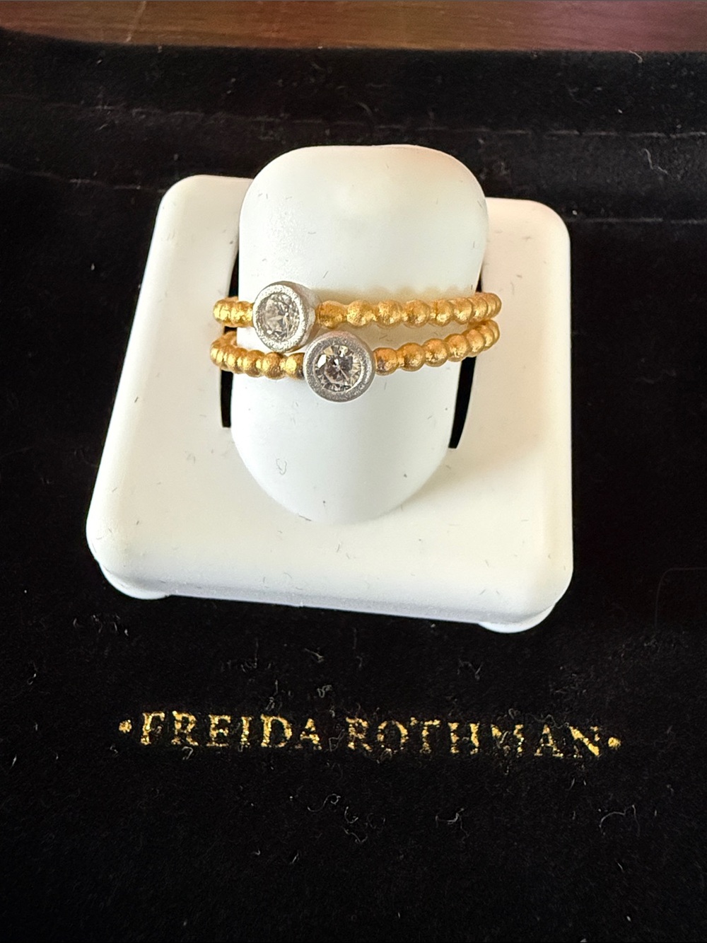 Freida Rothman Sterling Silver Gold Stacking Ring Clear Stone Accents Size 8